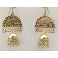 Gold-polished half moon jhumka earrings with pearl tassel drops