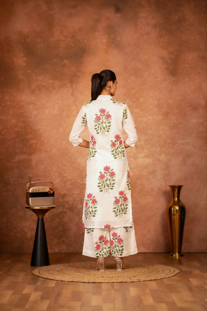 Off White Red Hand Block Printed Cotton Suit Set