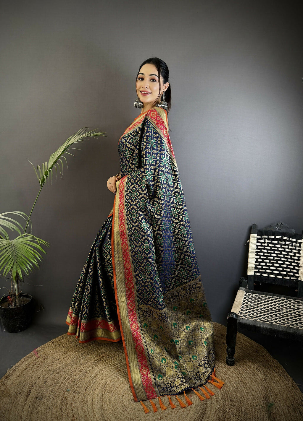 Navy Blue Patola Soft Silk Saree with Traditional Pattern
