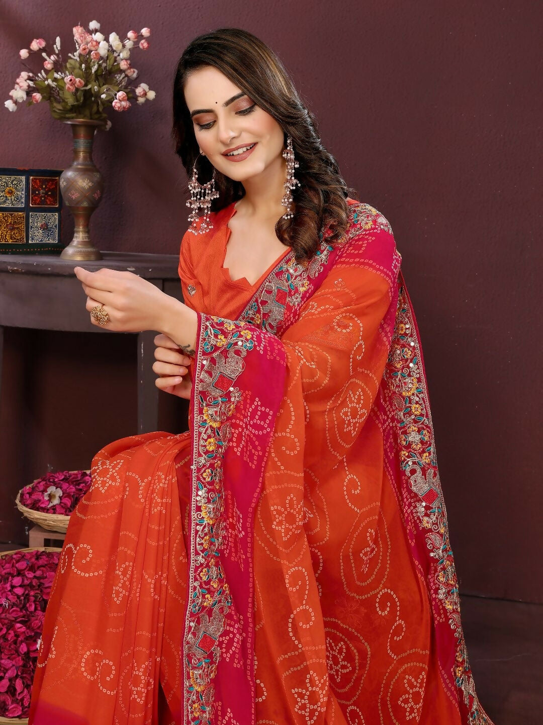 Orange Georgette Digital Print Party Wear Saree