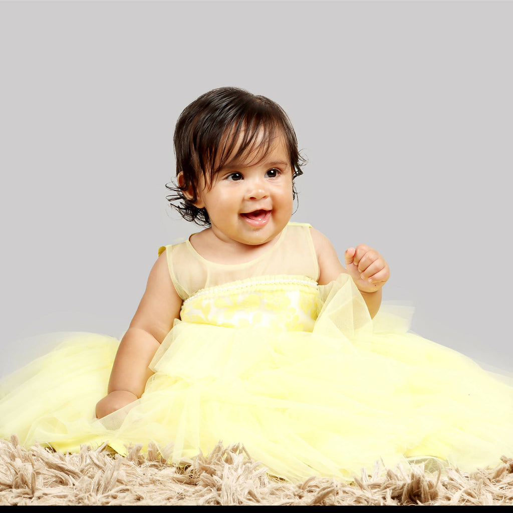 Yellow Girls Formal Gown with Organza Chest and Net Layer Ghera