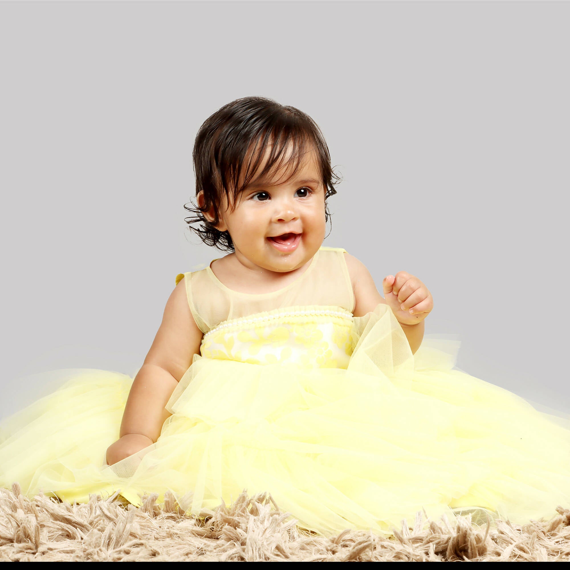 Yellow Girls Formal Gown with Organza Chest and Net Layer Ghera