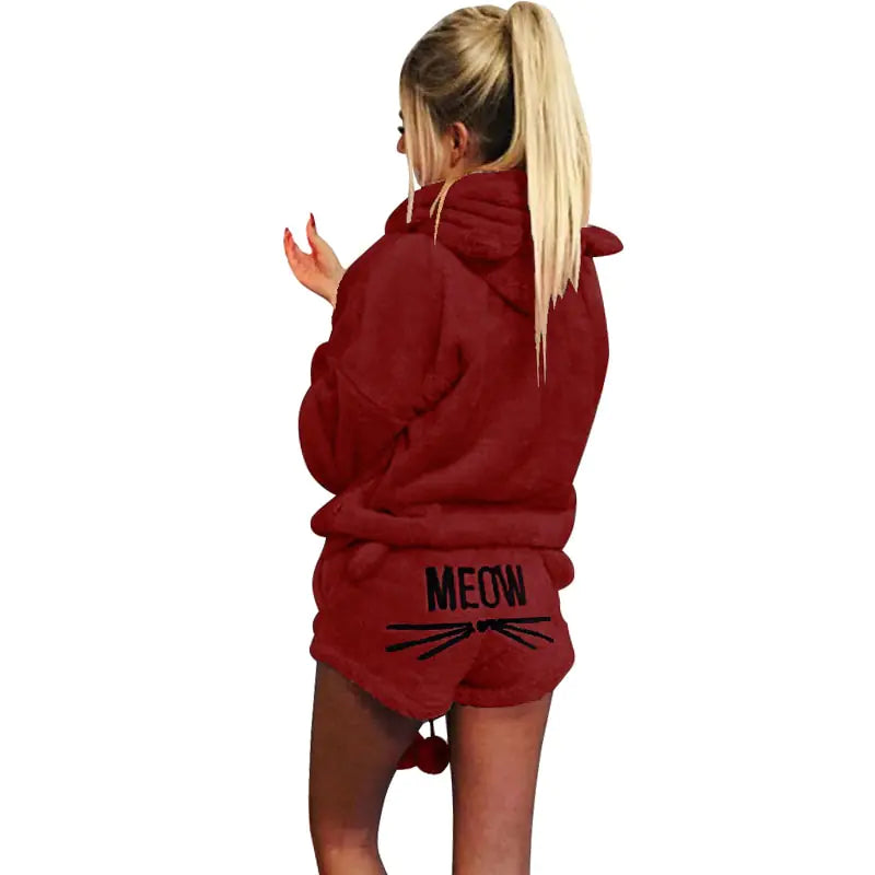 Meow Plush Hoodie Pajama Short Set