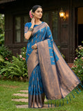 Elegant blue silk blend saree with matching blouse piece