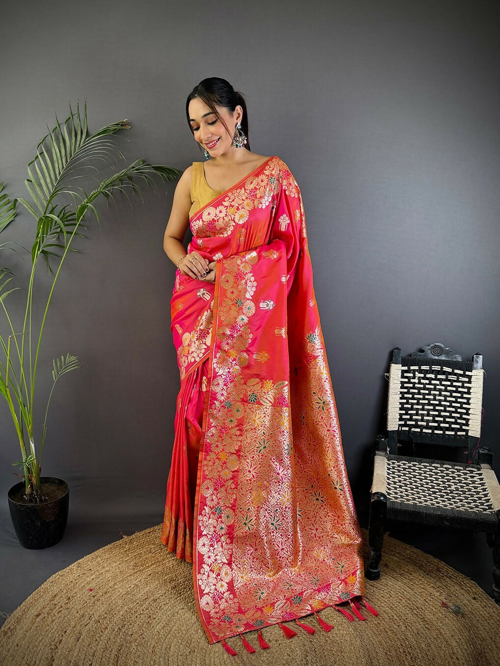 Hot Pink Meenakari woven soft silk saree