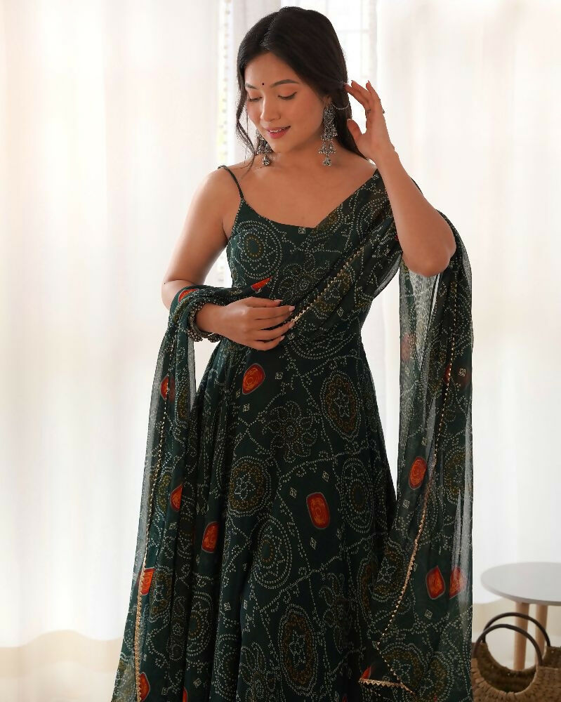 Bottle Green Chiffon Kurta with Sequin Embroidery Work