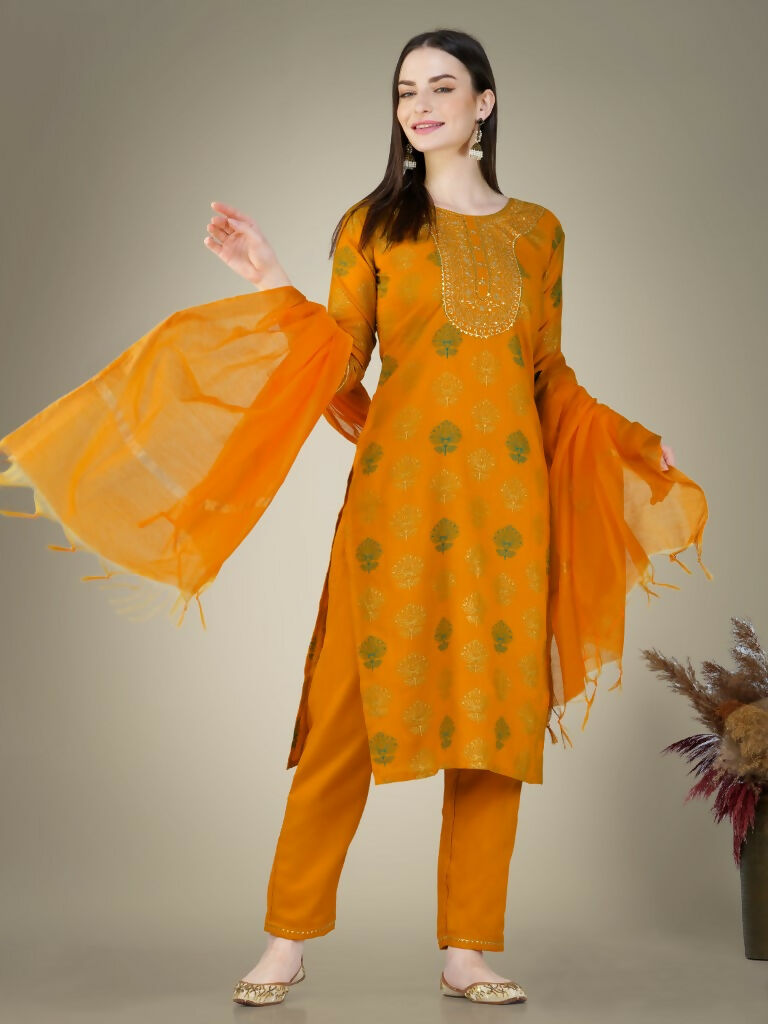 Yellow Cotton Magic Slub Straight Kurta Set with Embroidery