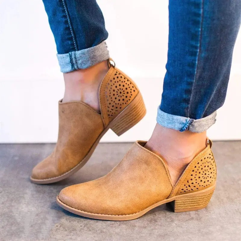 Women's Laser Cut Out Ankle Boots Low Block Heel Booties - Image 18