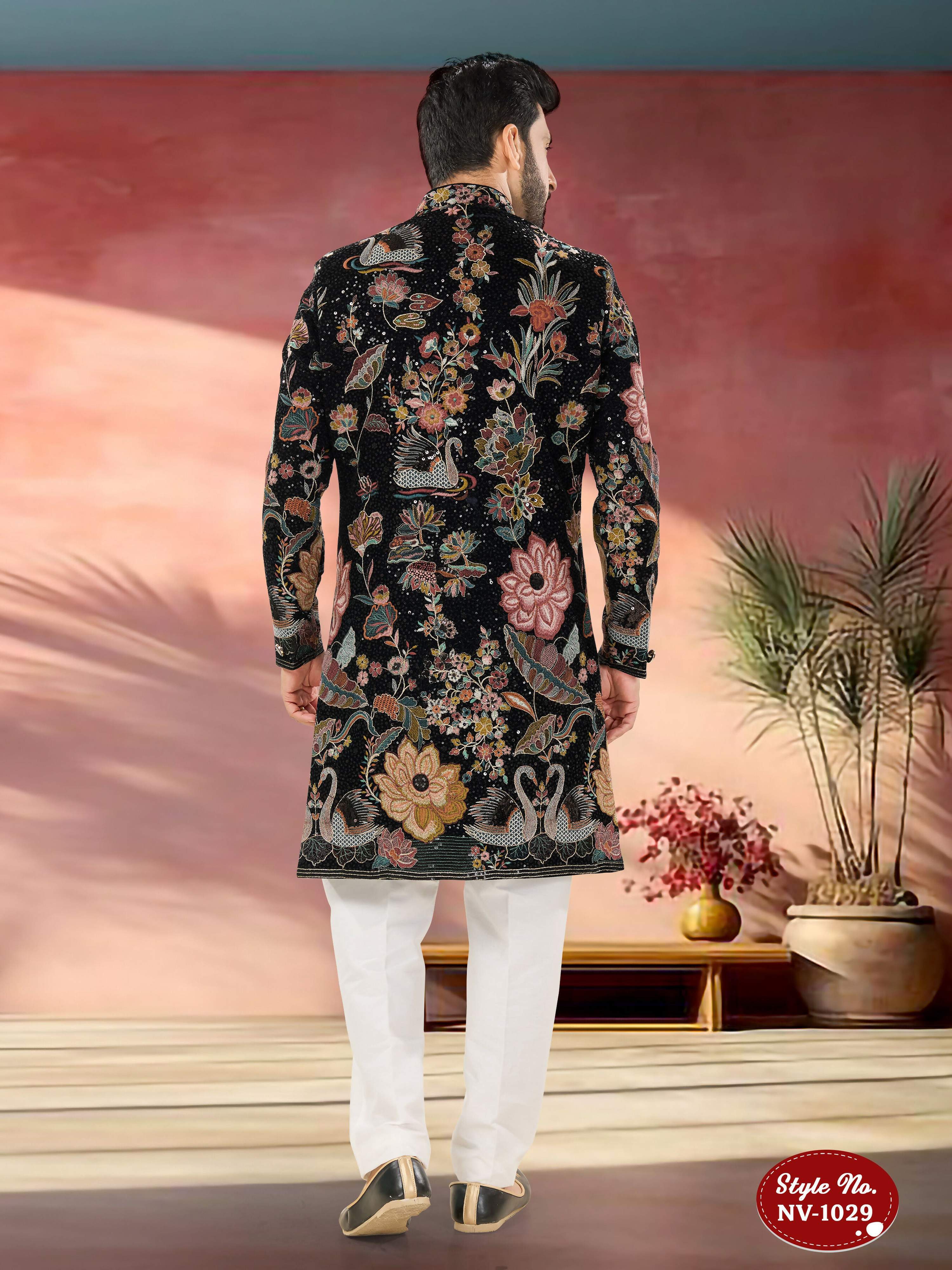 Men's Blue Velvet Indo-Western Kurta Set with Thread Embroidery