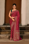 Hot Pink Crepe Chiffon Banarasi handloom silk saree with rich traditional weave