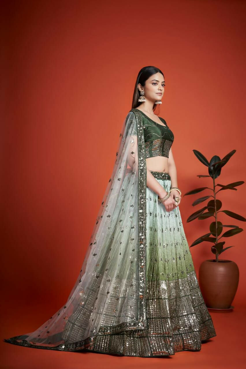 Women's Mehendi Green Heavy Chinon Sequins Embroidered Lehenga Set
