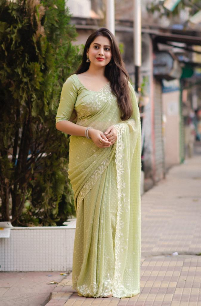 Green Pure Chiffon Woven Design Saree with Unstitched Blouse - Hiral Fashion