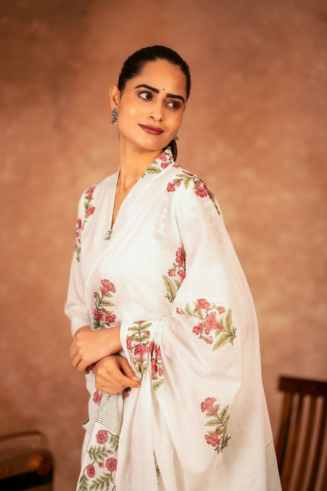 Off White and Pink Hand Block Printed Cotton Suit Set