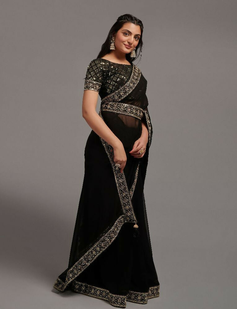 Black Zometo Embroidered Lace Saree with Matching Blouse