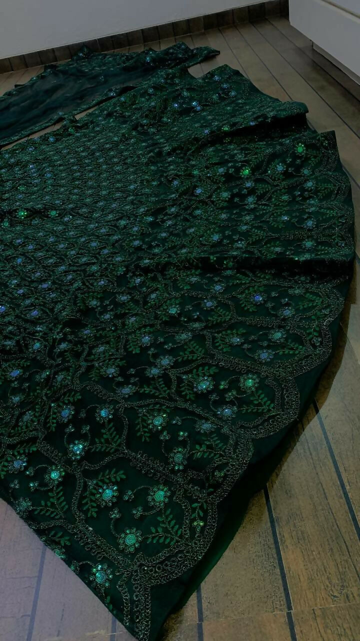 Dark Green Net Sequins Dori & Thread Embroidered Lehenga