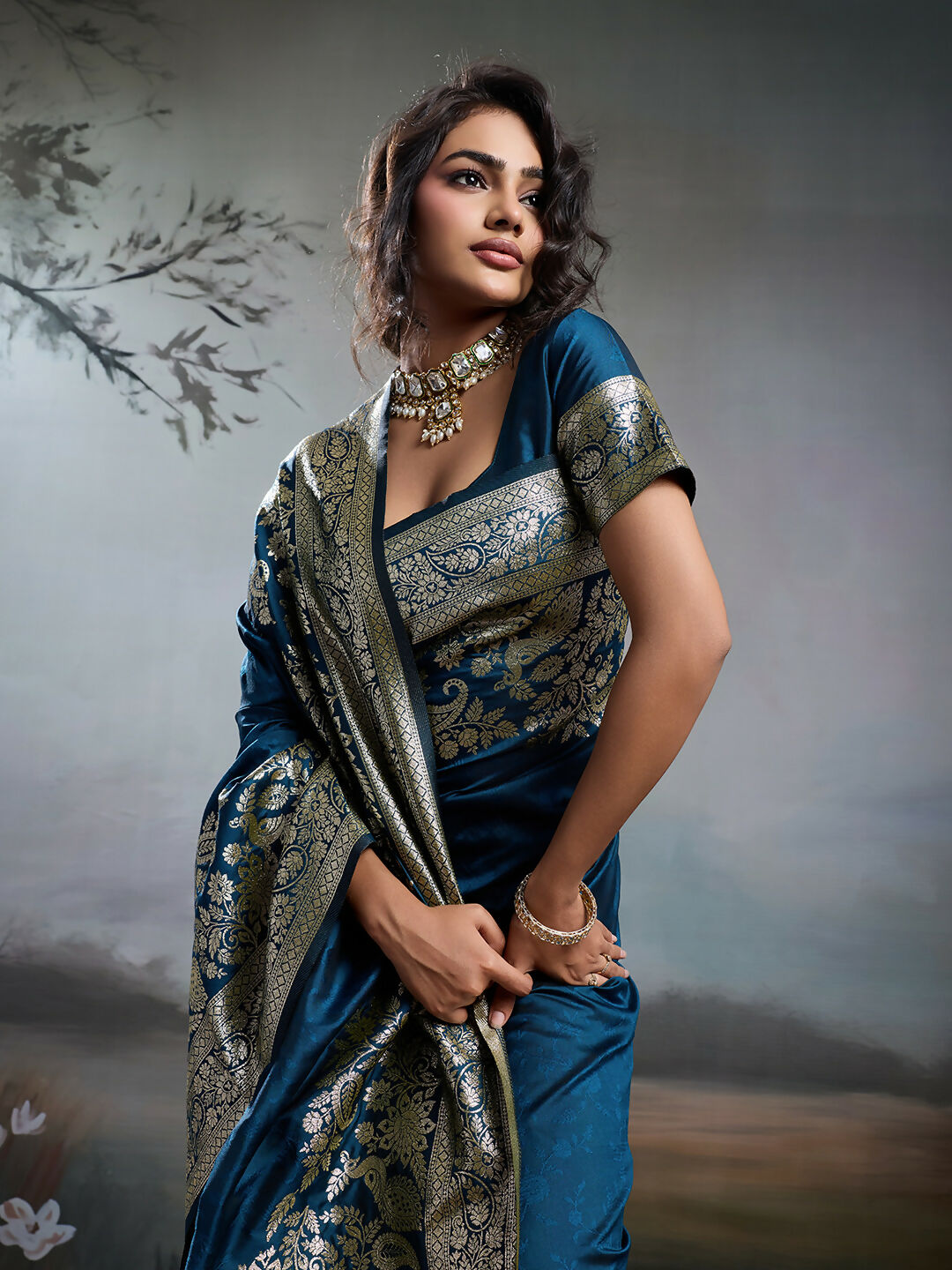 Navy Blue Silk Blend Saree with Matching Blouse Piece Elegant Drape