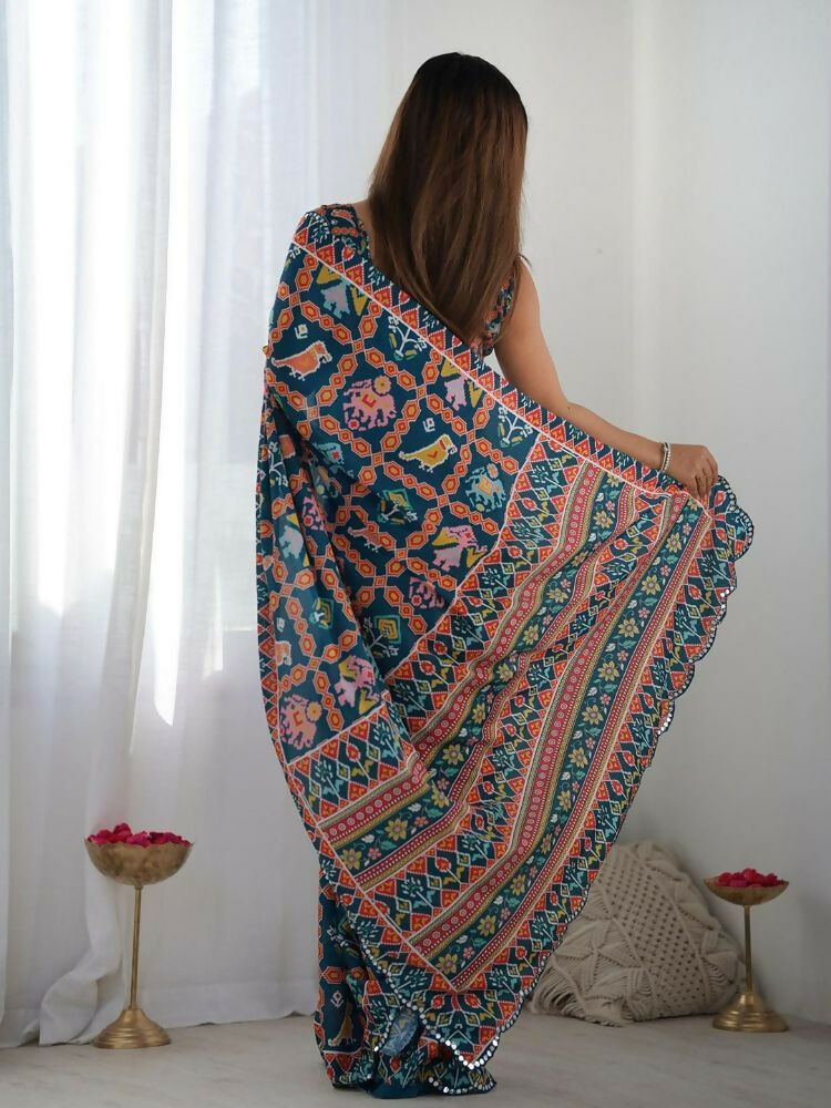 Dark Blue Georgette Digital Print Saree with Mirror Work