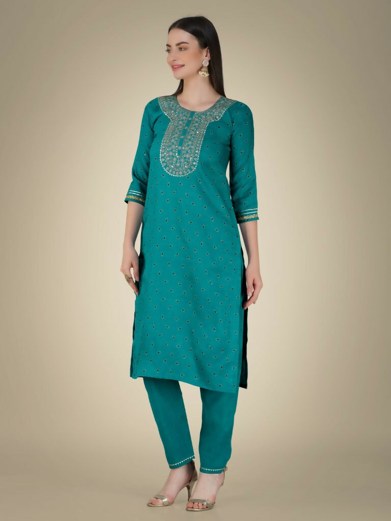 Women's Rama Cotton Magic Slub Embroidered Kurta Set with Sequins