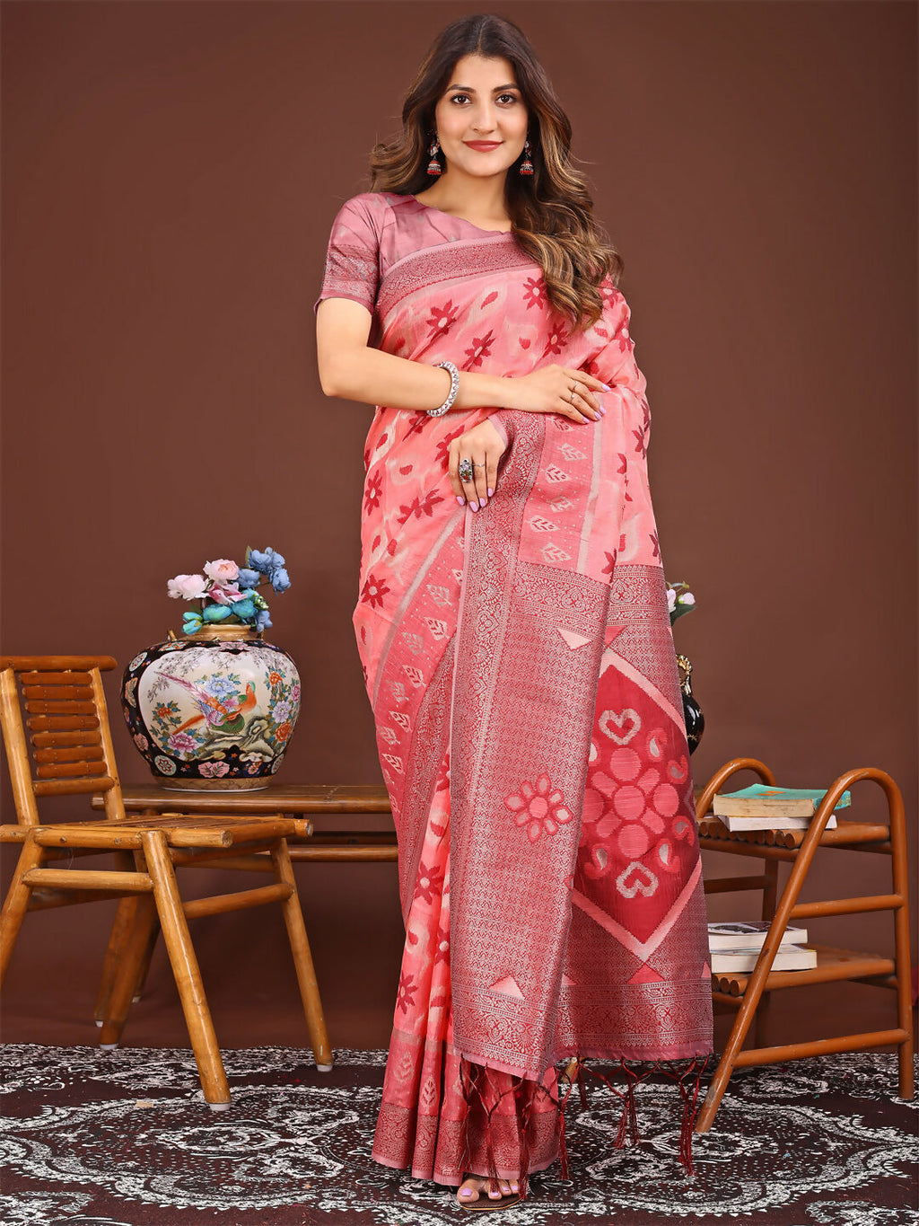 Peach Linen Cotton Saree with matching blouse, breathable fabric for summer events