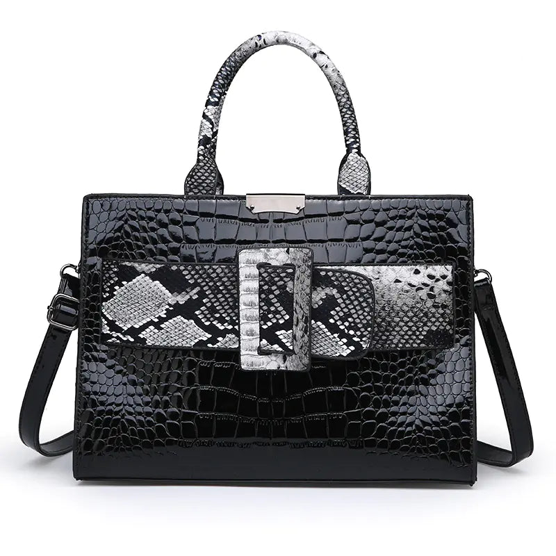 Women's Snake Pattern Tote Shoulder Bag with Contrast Buckle - Image 5