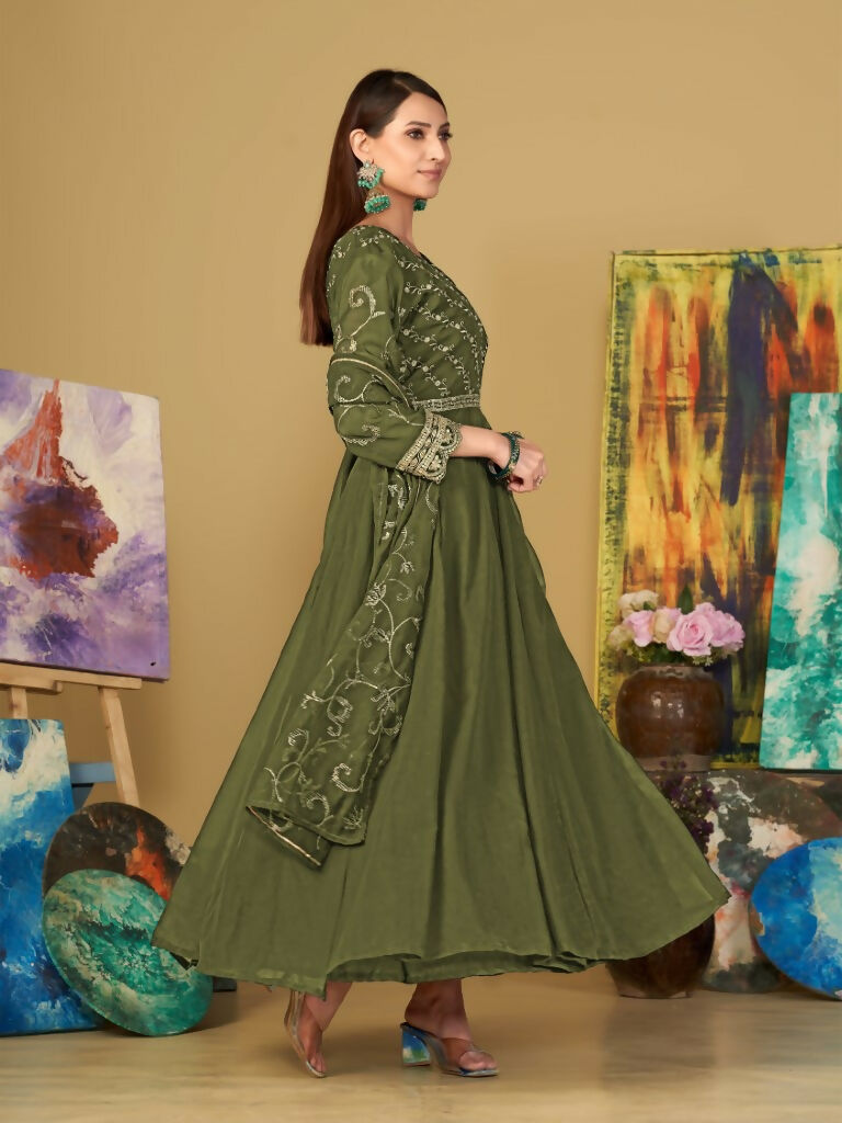 Women's Olive Green Georgette Embroidered Anarkali Kurta Pant Set