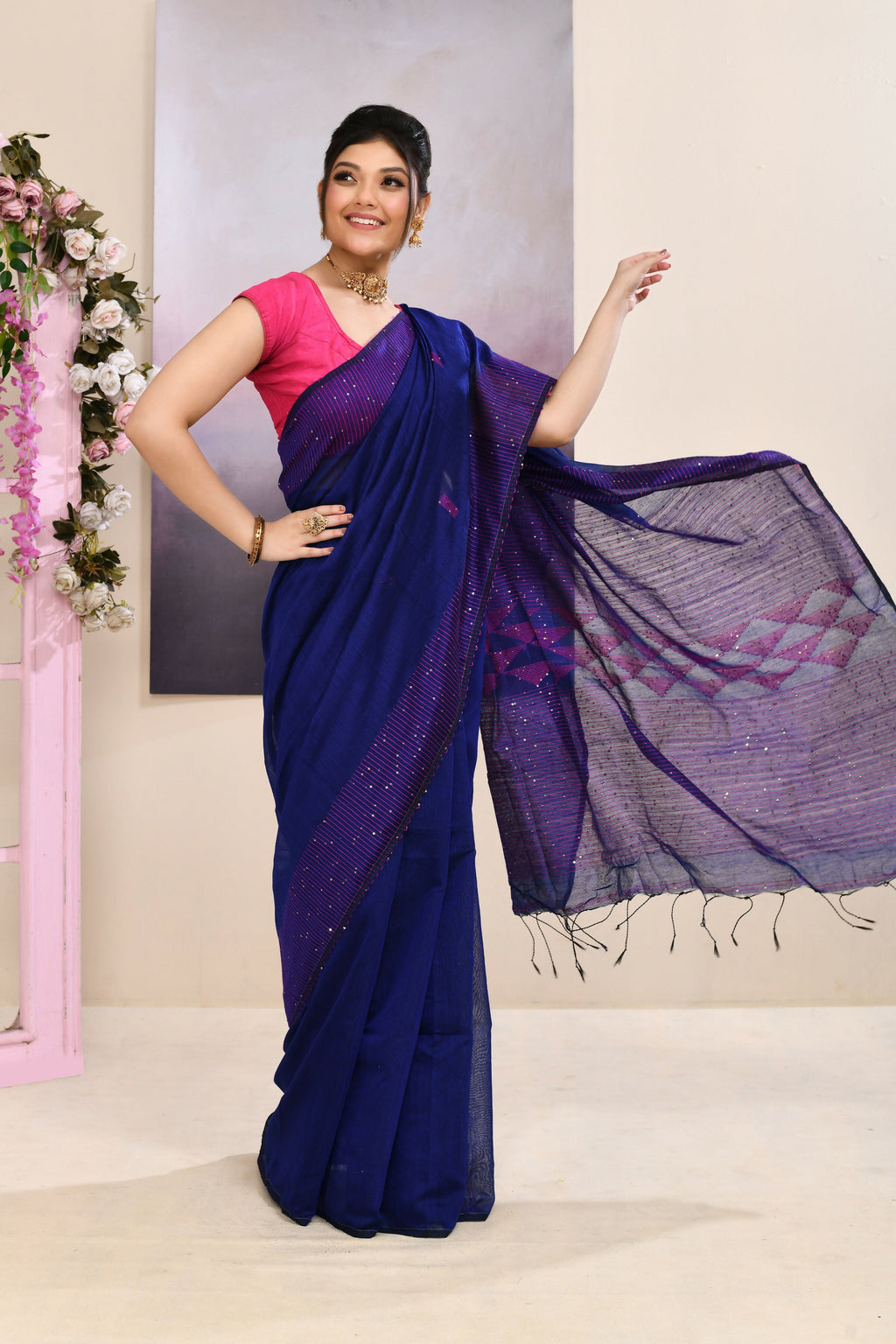 Women's Blue Jamdani Saree with Sequins and Cotton Blend