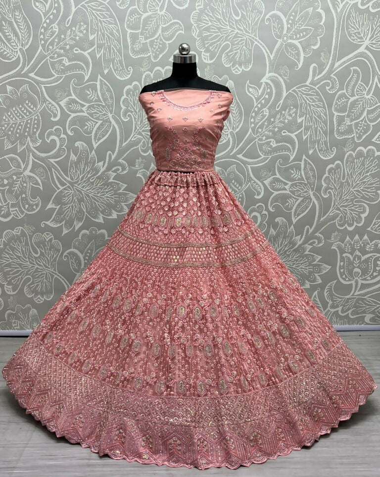 Pink Heavy Net Wedding Lehenga Choli with Rainbow Sequins & Dori
