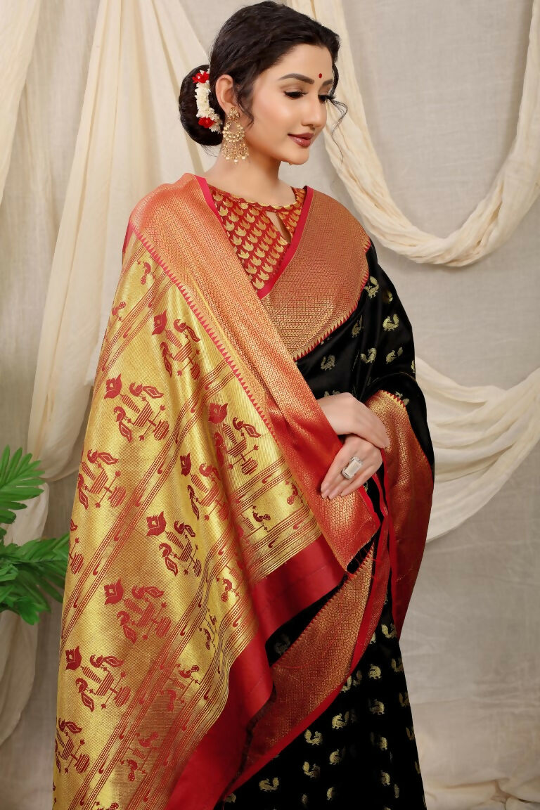 Black Banarasi Silk Saree with Traditional Zari Woven Border