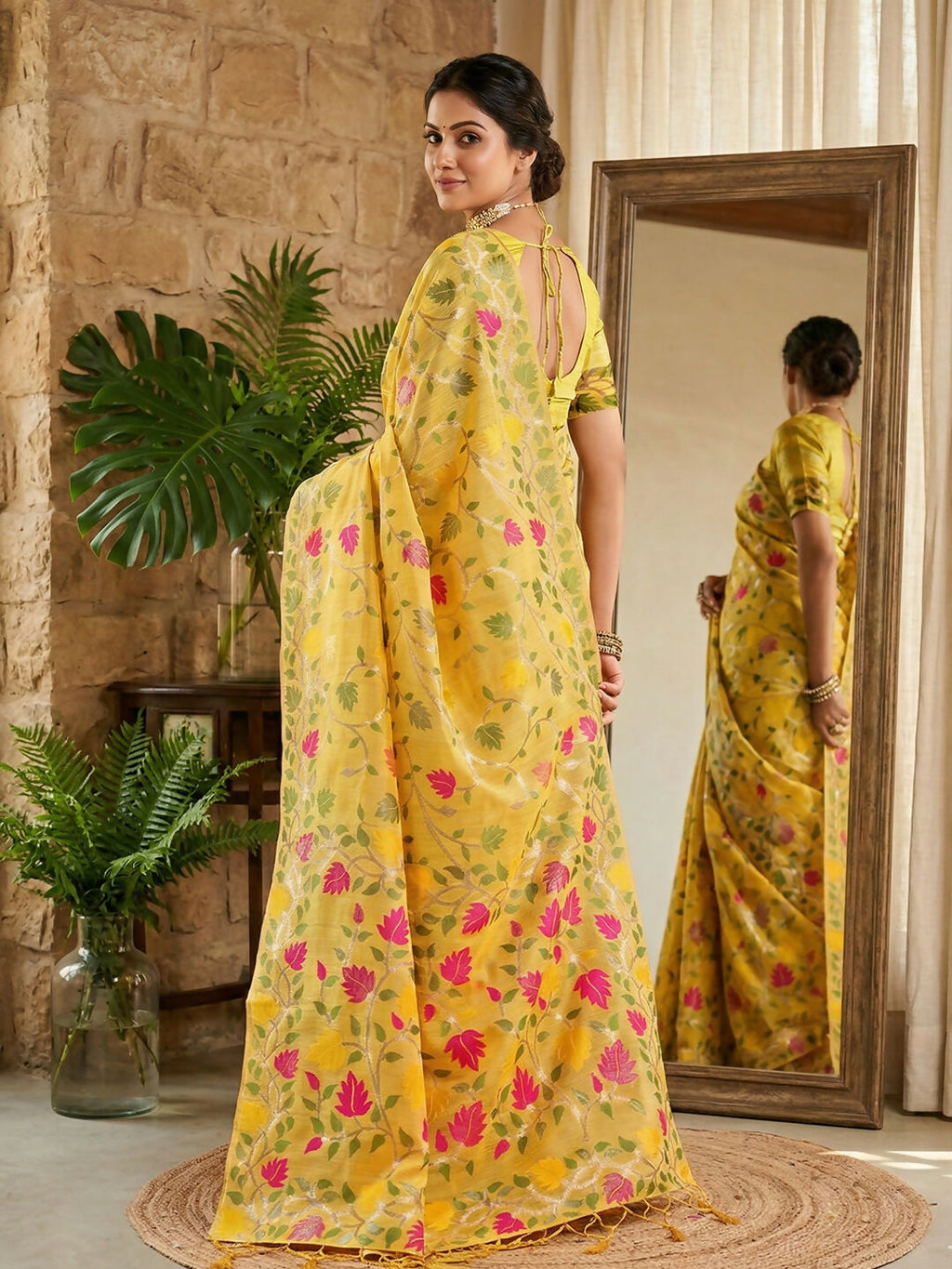 Yellow Linen Cotton Saree with Matching Blouse Piece