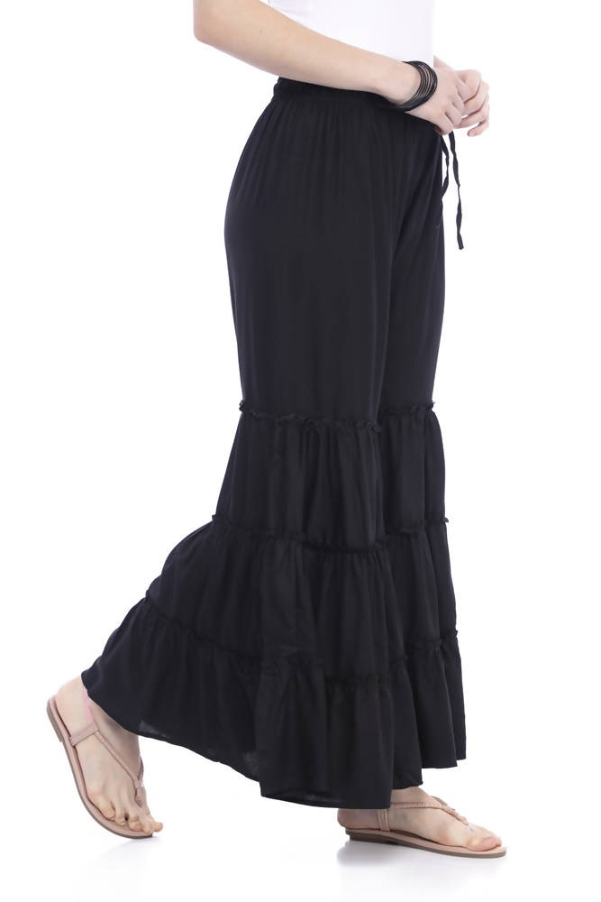 Black Wide Leg Rayon Cotton Palazzo Pants for Women