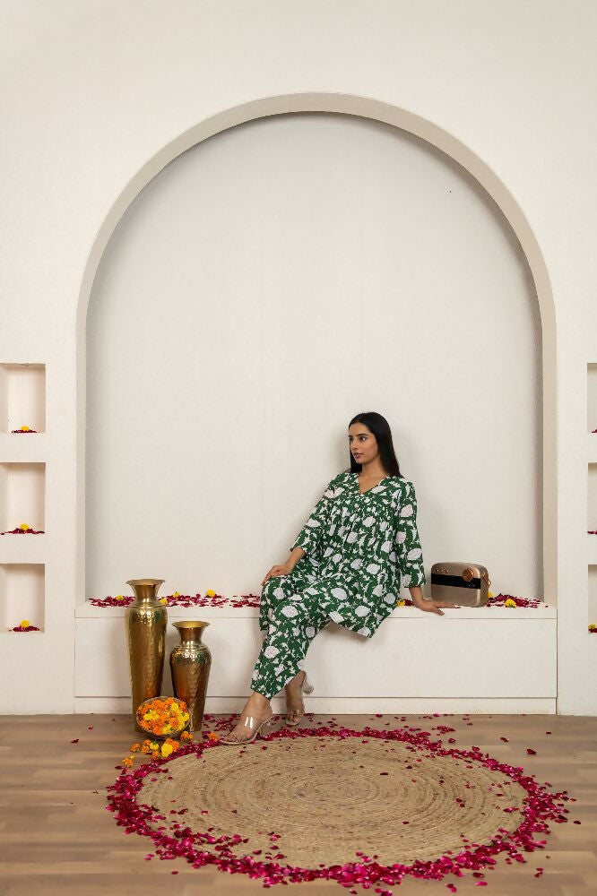 Green Hand Block Printed Cotton Co-Ord Set for Women