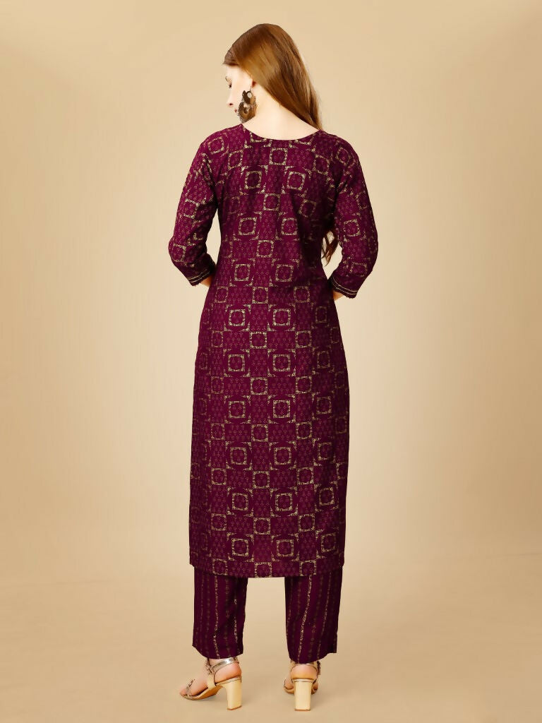 Women's Wine Embroidered Rayon Kurta Pant Set Straight Calf Length