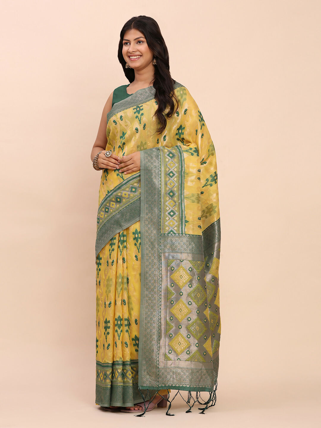 Yellow Linen Cotton Saree with Contrast Green Blouse