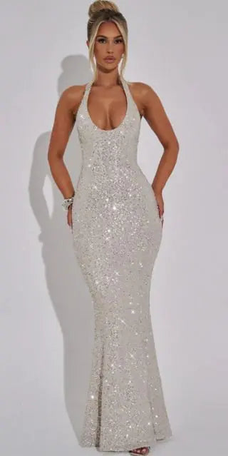 Women's Burgundy Sequin Halter Maxi Dress Formal Evening Gown - Image 5