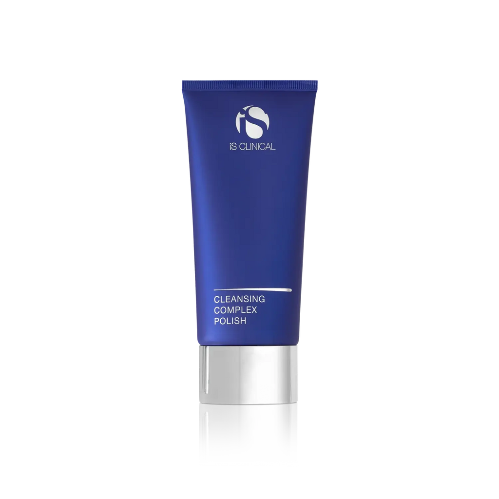 iS Clinical Cleansing Complex Polish 4Oz bottle in deep navy blue with silver accents