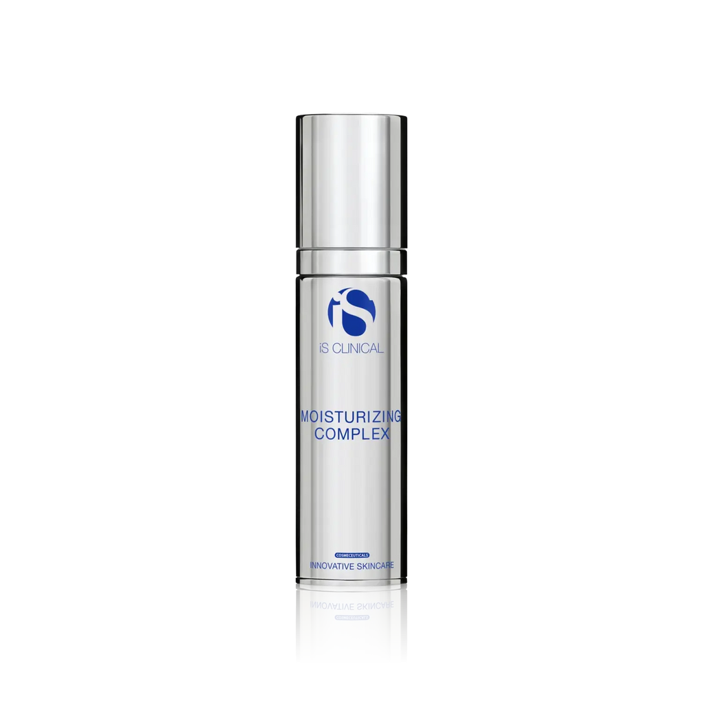 iS Clinical Moisturizing Complex 1.7Oz bottle in metallic silver and royal blue packaging