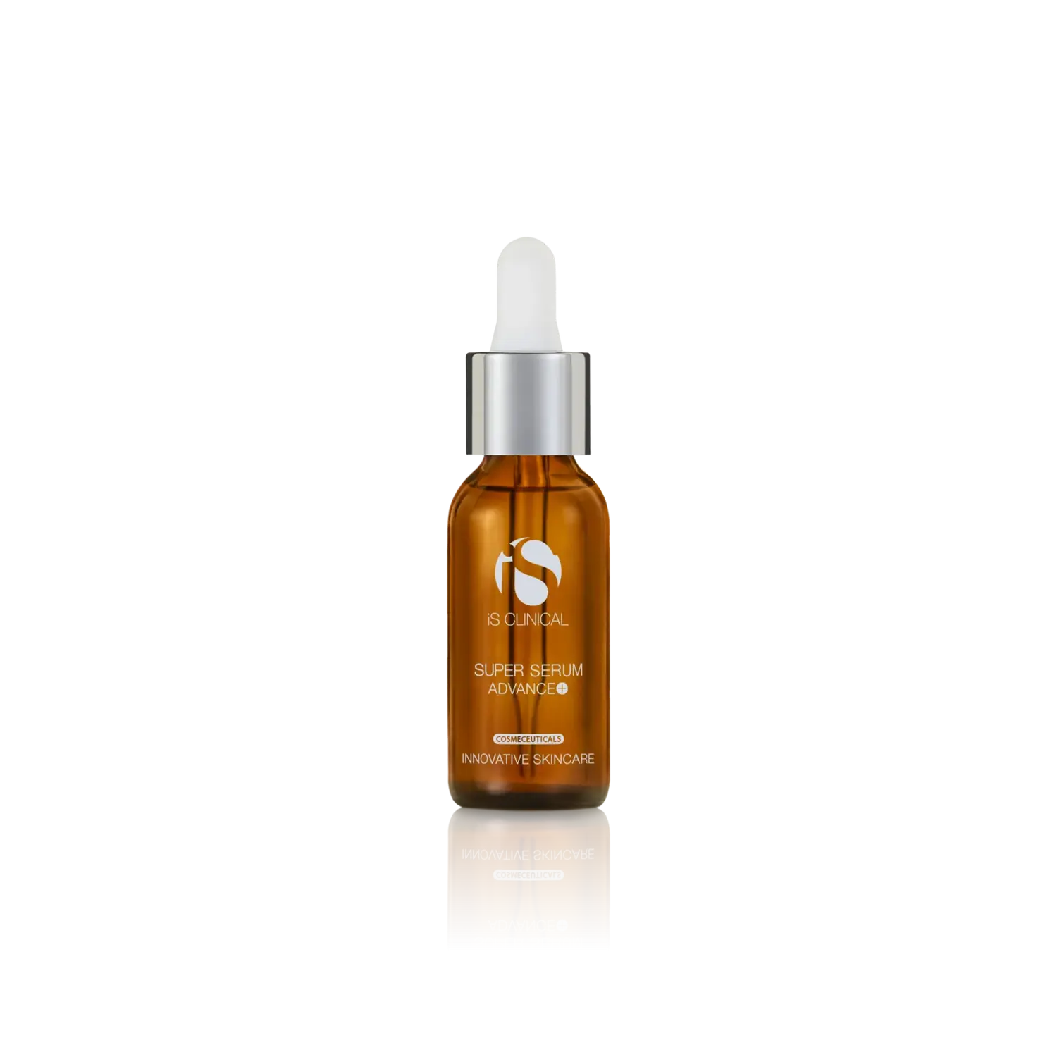 iS Clinical Super Serum Advance+ in an amber bottle with silver accents on a minimalist background