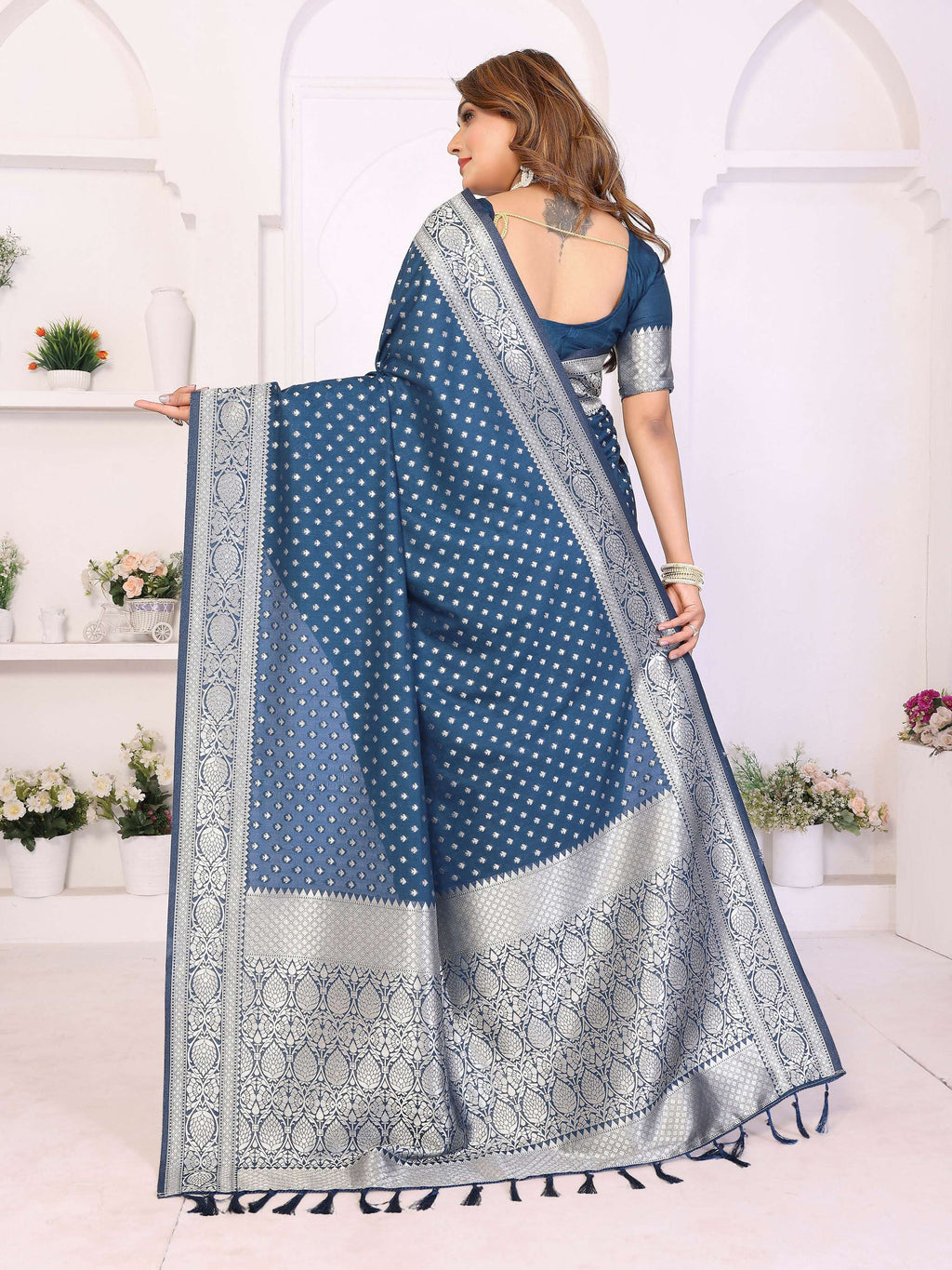 Navy Blue Georgette Silk Saree with Zari Weaving Details