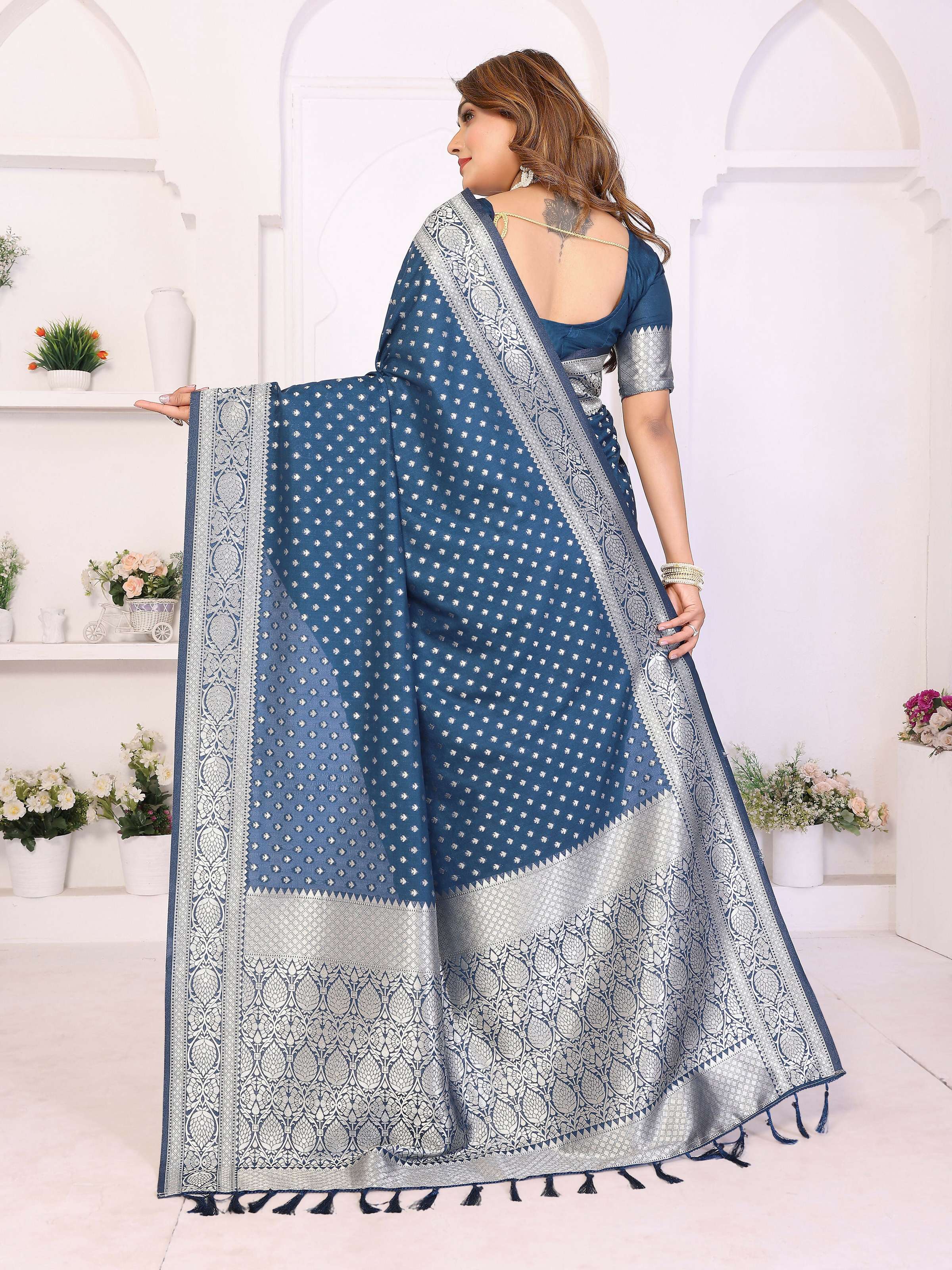 Navy Blue Georgette Silk Saree with Zari Weaving Details