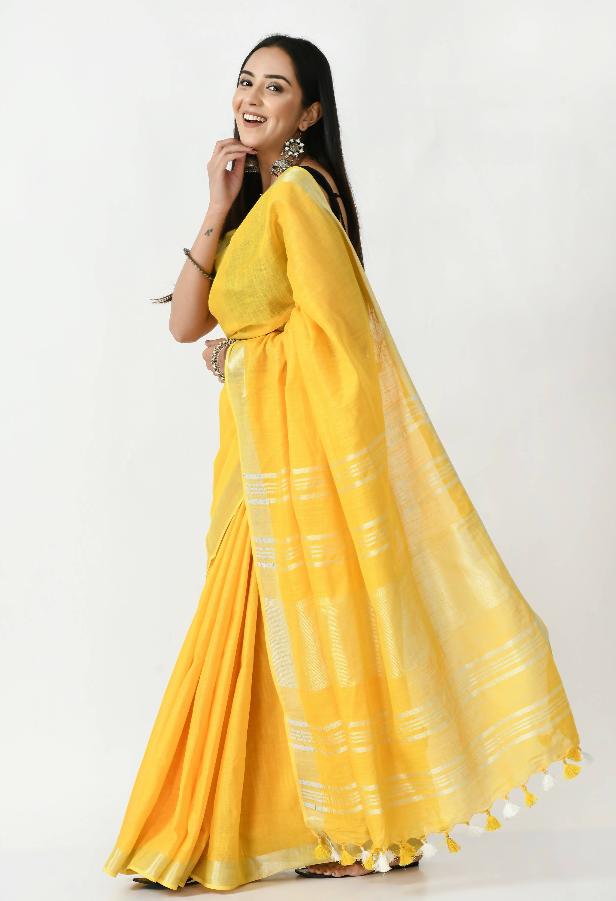 Yellow Bhagalpuri Handloom Silk Linen Saree with Blouse Piece
