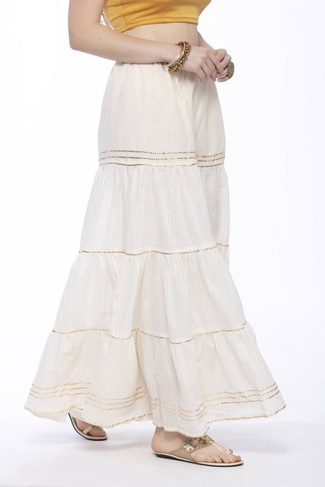 Off White Cotton Sharara Pants with Traditional Gota Work Details
