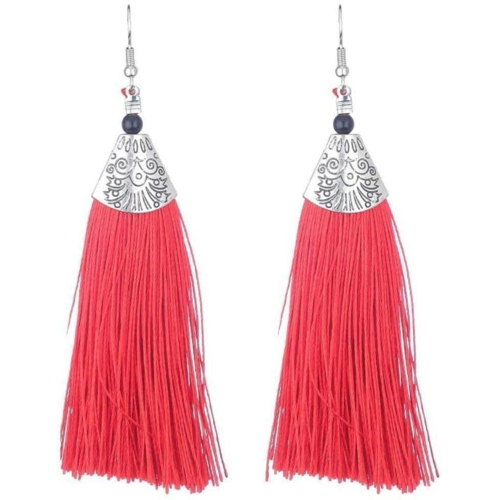 Deep red thread fringe hanging earrings for festive occasions