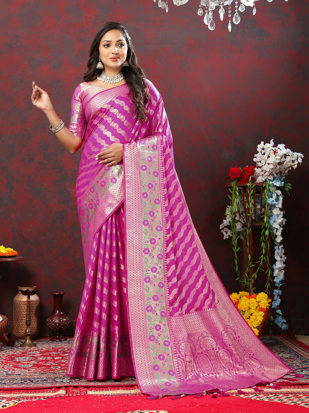 Magenta Leheriya Soft Silk Saree with Zari Weaving