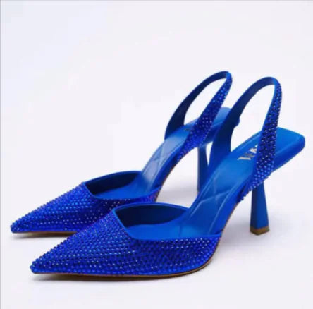 Women's Pointed Toe Slingback High Heels Rhinestone Stiletto - Image 21