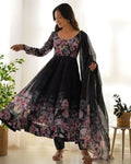 Elegant black 3-piece kurta set in organza fabric featuring detailed sequin embroidery.