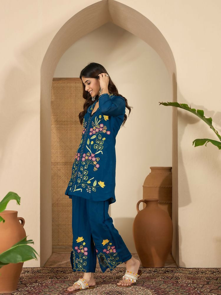 Blue Roman Silk Embroidered Kurta Set with Shirt Collar