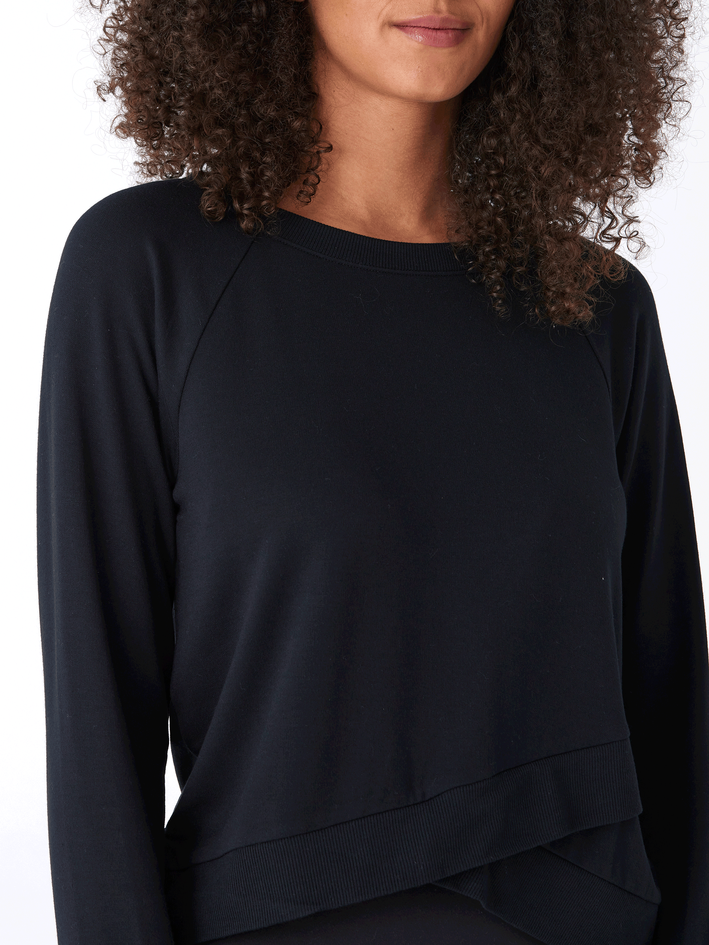 Halle Feather Fleece Crossover Hem Top in Black