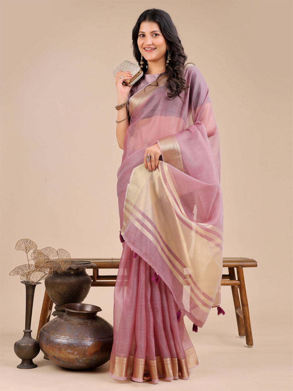 Seoul Purple Organza Saree with Matching Blouse Fabric