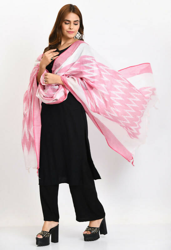 Baby Pink Handloom Cotton Ikkat Dupatta for Girls and Women