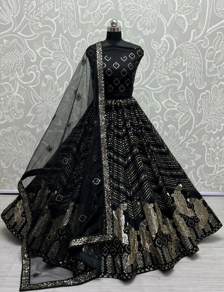 Black bridal net lehenga choli with sequins and multi-thread embroidery